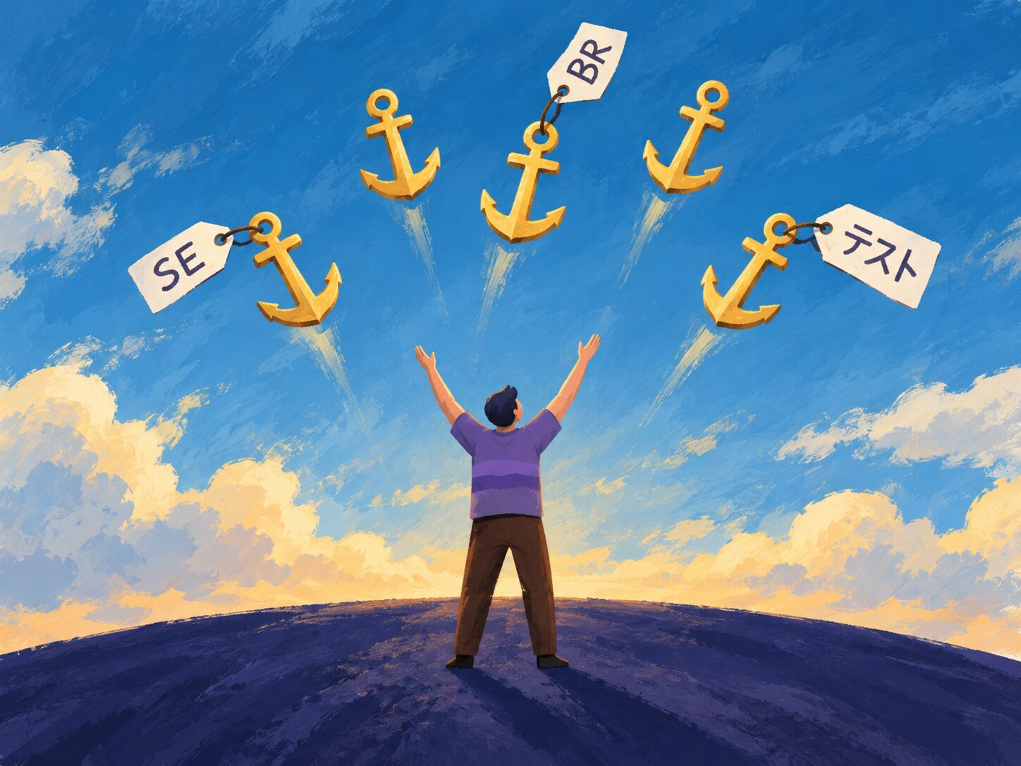 A person stands on a hilltop with arms raised toward golden anchors flying up into a blue sky, some tagged SE, BR and テスト.