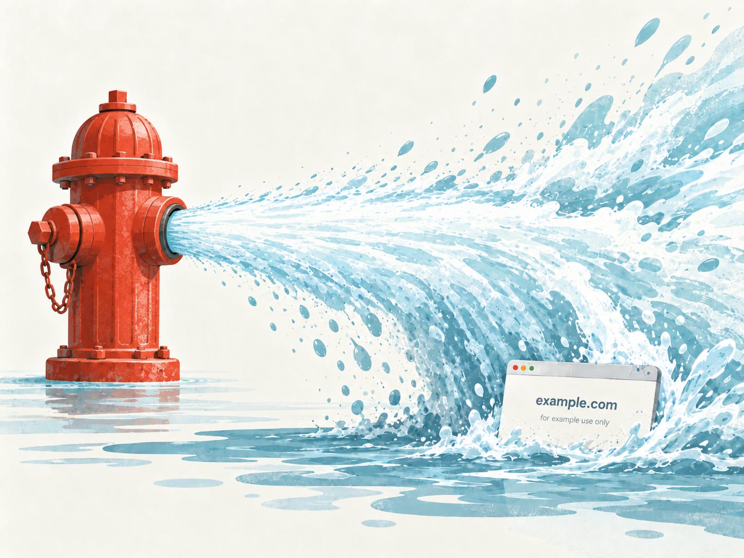 A fire hydrant blasts a torrent of water at a small browser window labelled example.com, for example use only, which is almost swamped by the wave.
