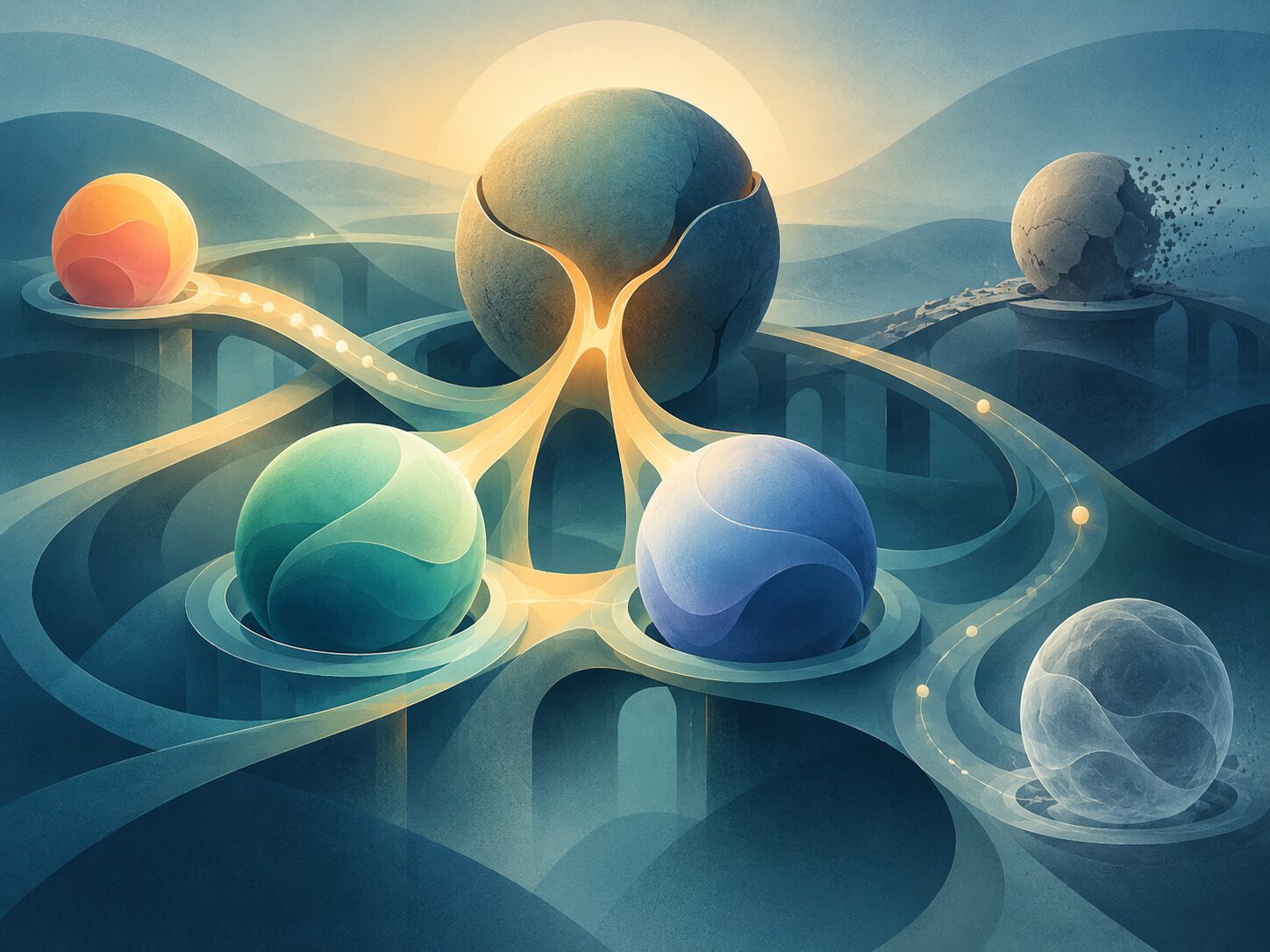 Coloured orbs sit on pedestals linked by glowing paths beneath a large stone sphere at sunrise; one distant orb crumbles away while another fades to translucence.