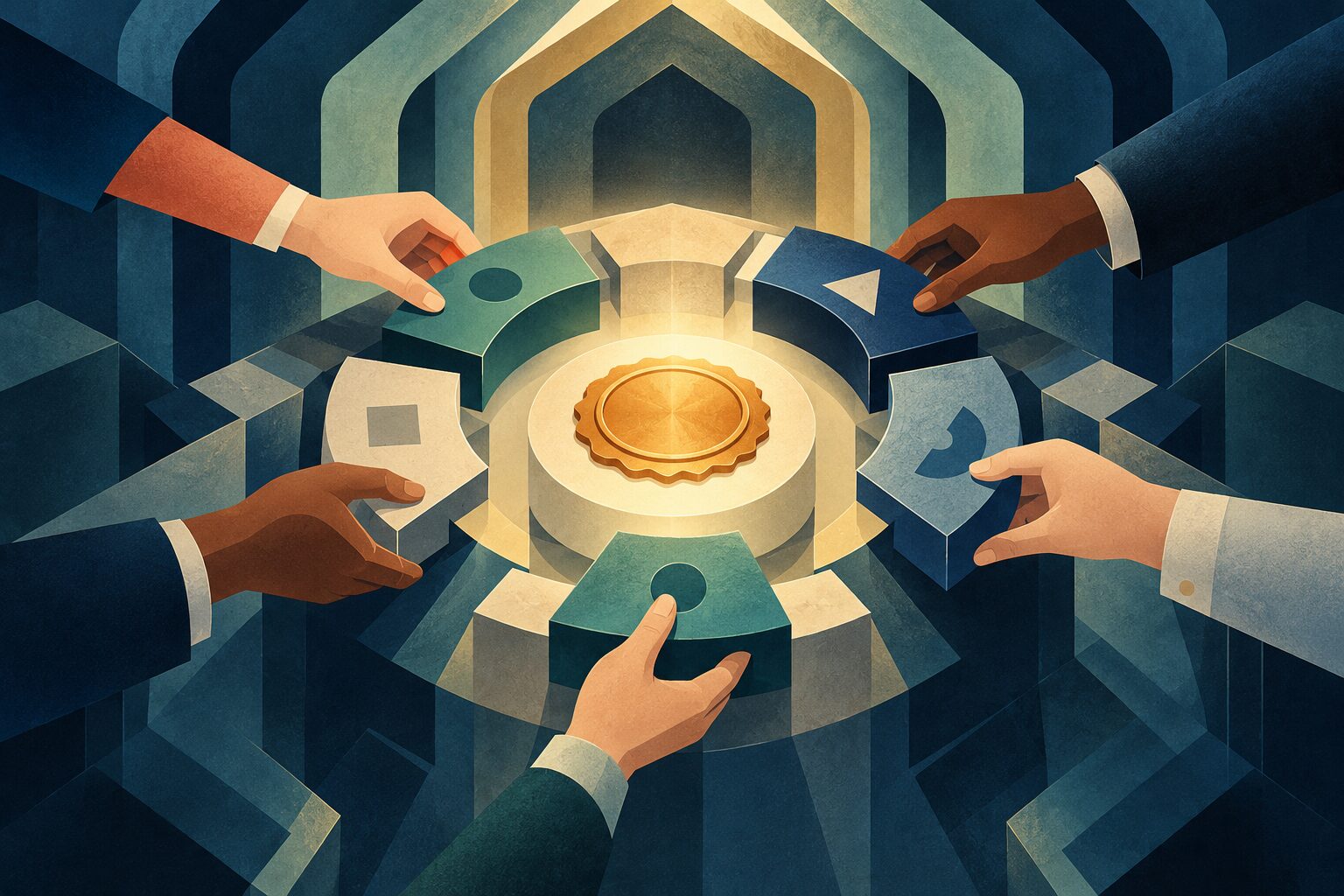 Five hands from around a circular vault each bring a segment marked with a different shape toward a glowing golden seal at its centre.
