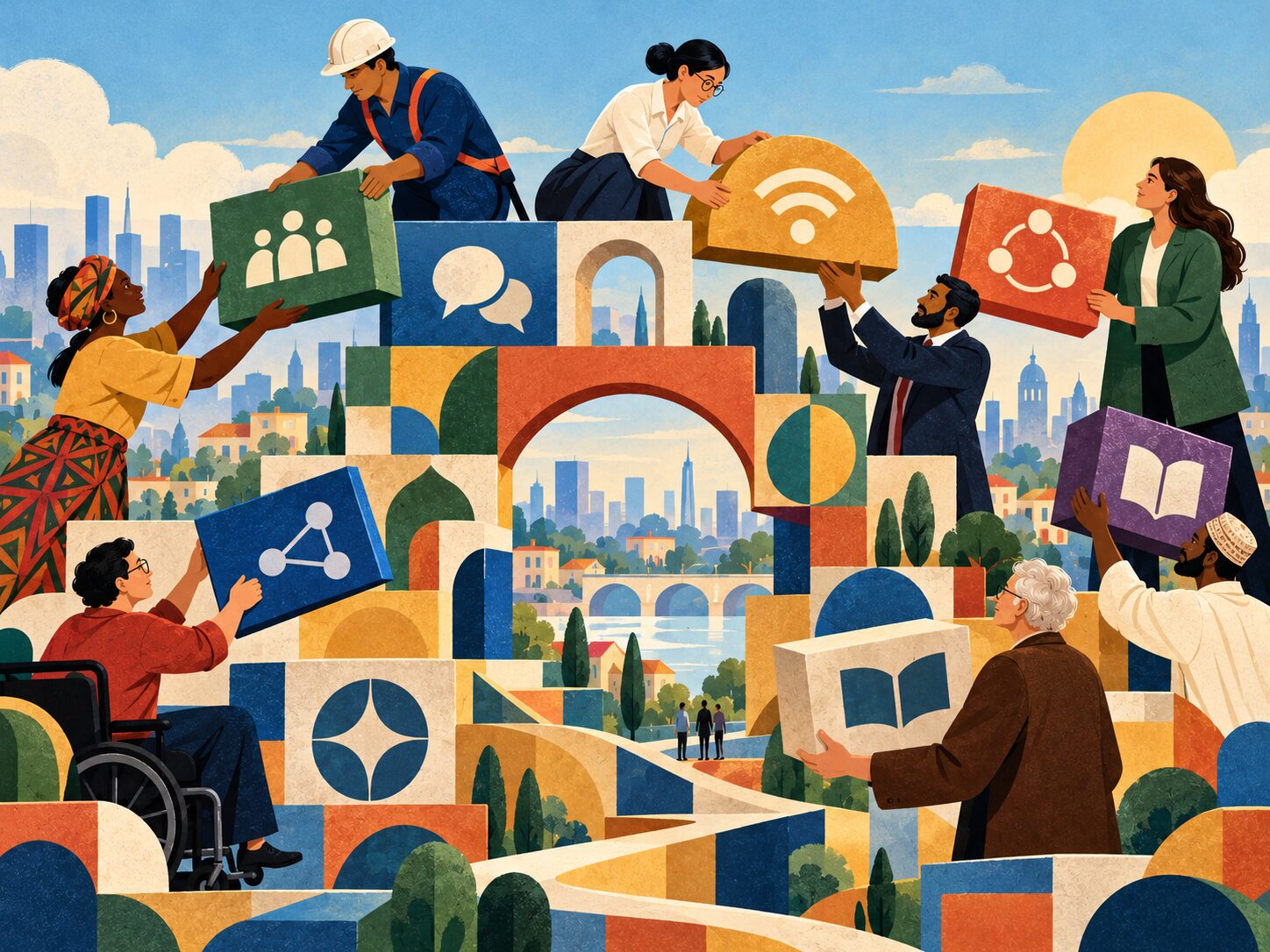 People of many backgrounds, among them an engineer, a businessman, an elder and a wheelchair user, together lift building blocks marked with icons for community, conversation, connectivity and knowledge onto a shared structure, with a city skyline beyond.