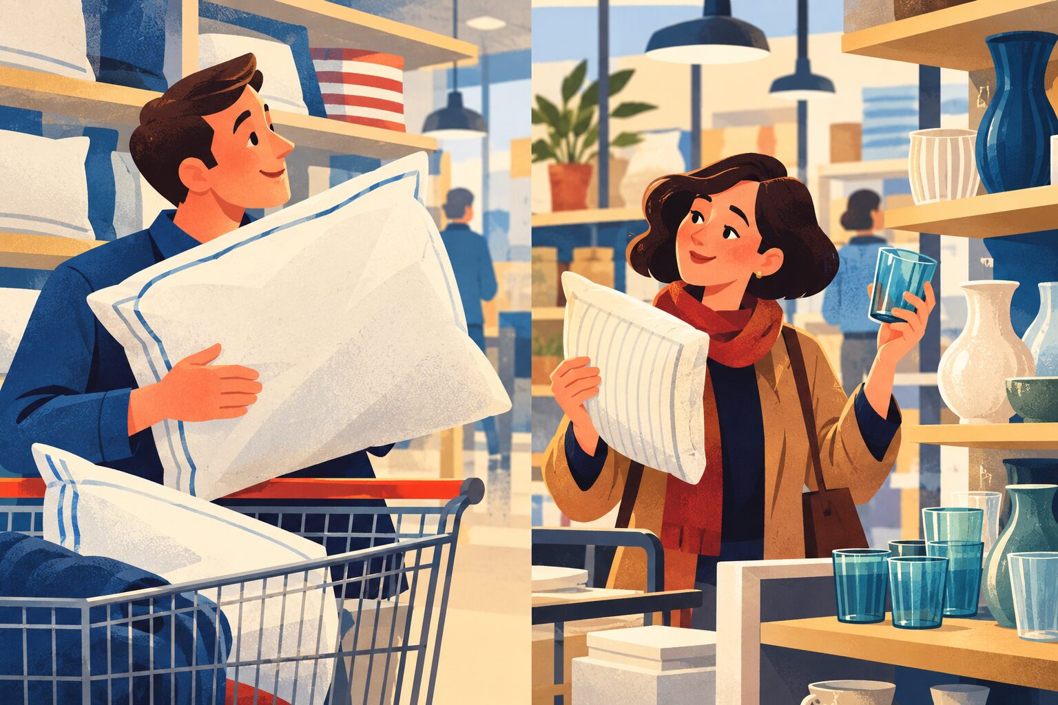 Two shoppers in a home goods store: on the left a man hugs an oversized pillow above a trolley full of them; on the right a woman holds a small pillow and inspects a tall drinking glass beside shelves of vases.