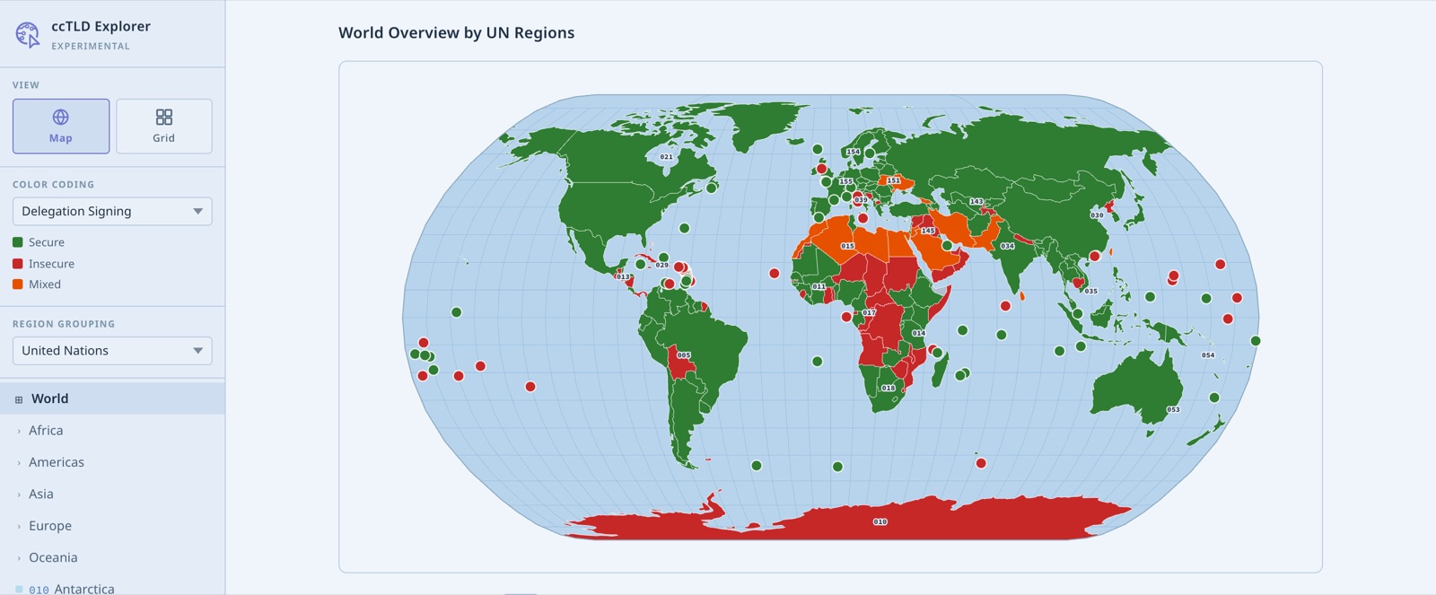 A world map in the ccTLD Explorer, coloured by whether each ccTLD delegation is DNSSEC signed: most countries are green for secure, with red for insecure and orange for mixed across parts of Africa, the Middle East and Antarctica.
