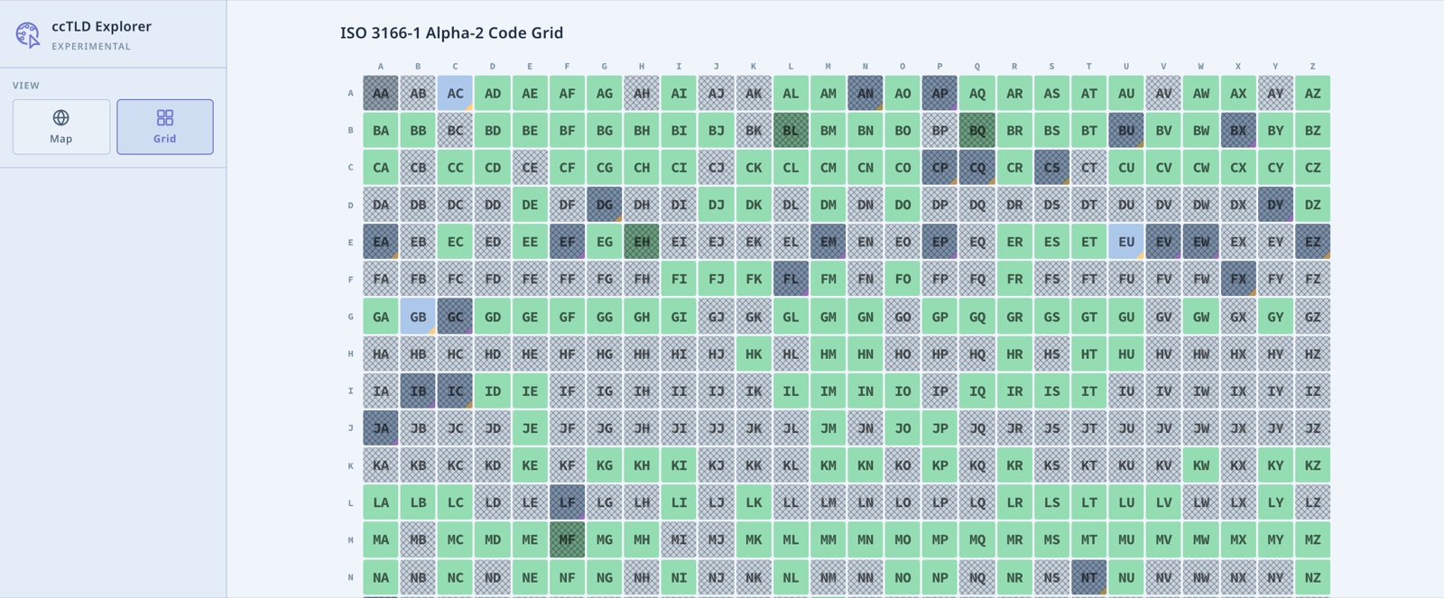 The ccTLD Explorer’s ISO 3166-1 alpha-2 code grid, a 26 by 26 table of two-letter codes from AA to ZZ, with assigned codes in green and unassigned or reserved codes shaded grey.