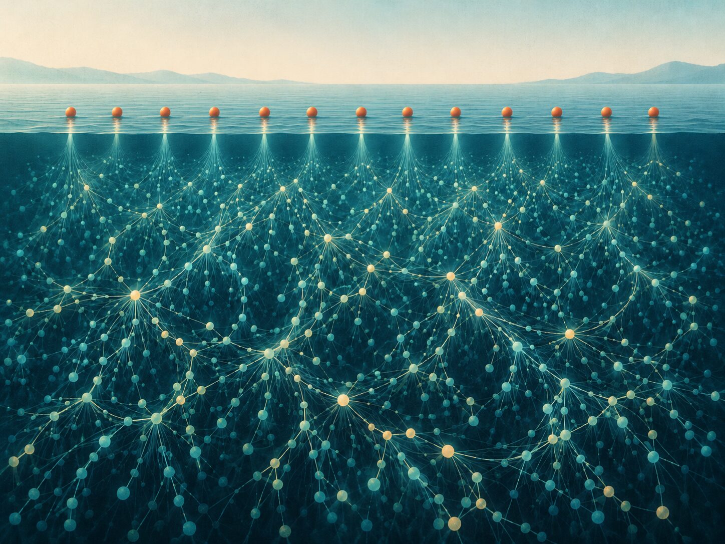 Thirteen orange buoys float in a row on a calm sea; beneath the surface, each spreads into a vast glowing web of connected nodes that merge into one network.