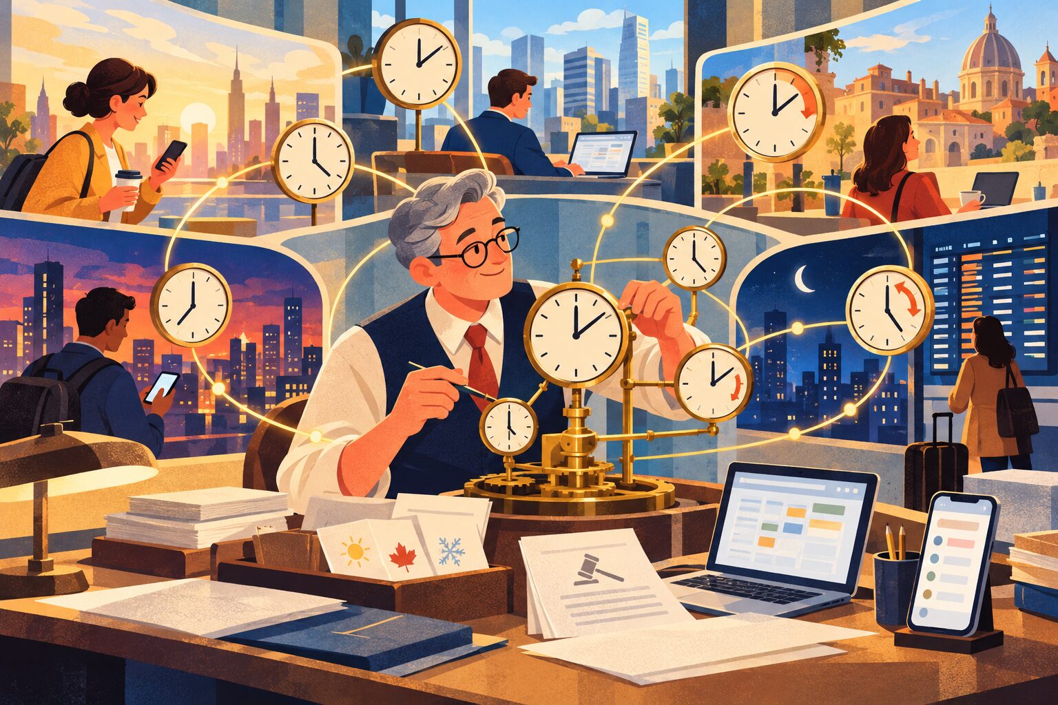 A grey-haired man at a desk adjusts a brass clockwork machine of linked clocks, surrounded by windows onto cities at different times of day, with travellers checking phones and a departures board.