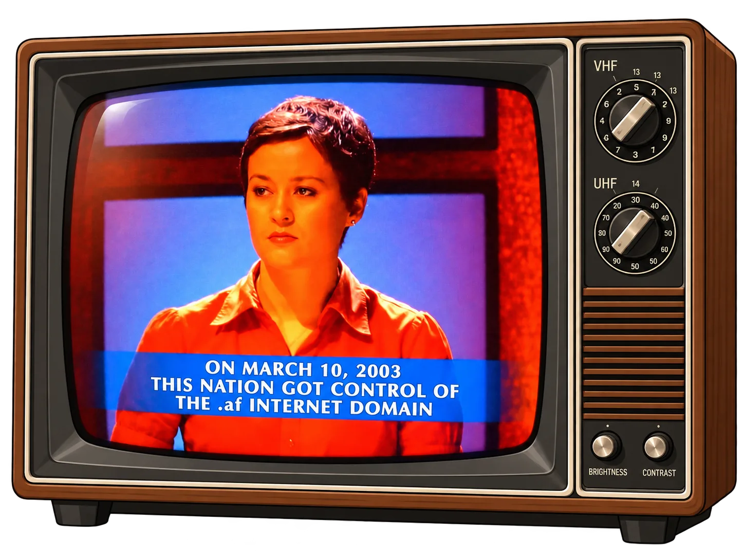 A wood-panelled retro television showing a quiz show contestant above the clue: On March 10, 2003 this nation got control of the .af Internet domain.